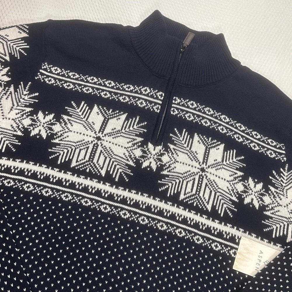 Mens XL Fair Isle Snowflake Quarter Zip Sweater Cabin Nordic Holiday Cotton